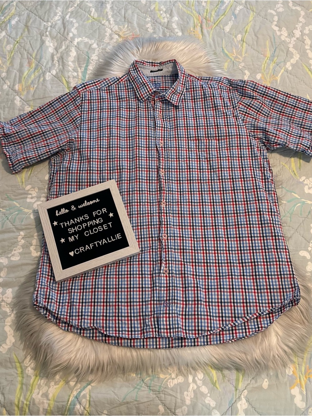 Bugatchi Uomo Red White and Blue Plaid Short Sleeve Button-Down Shirt | Men’s M